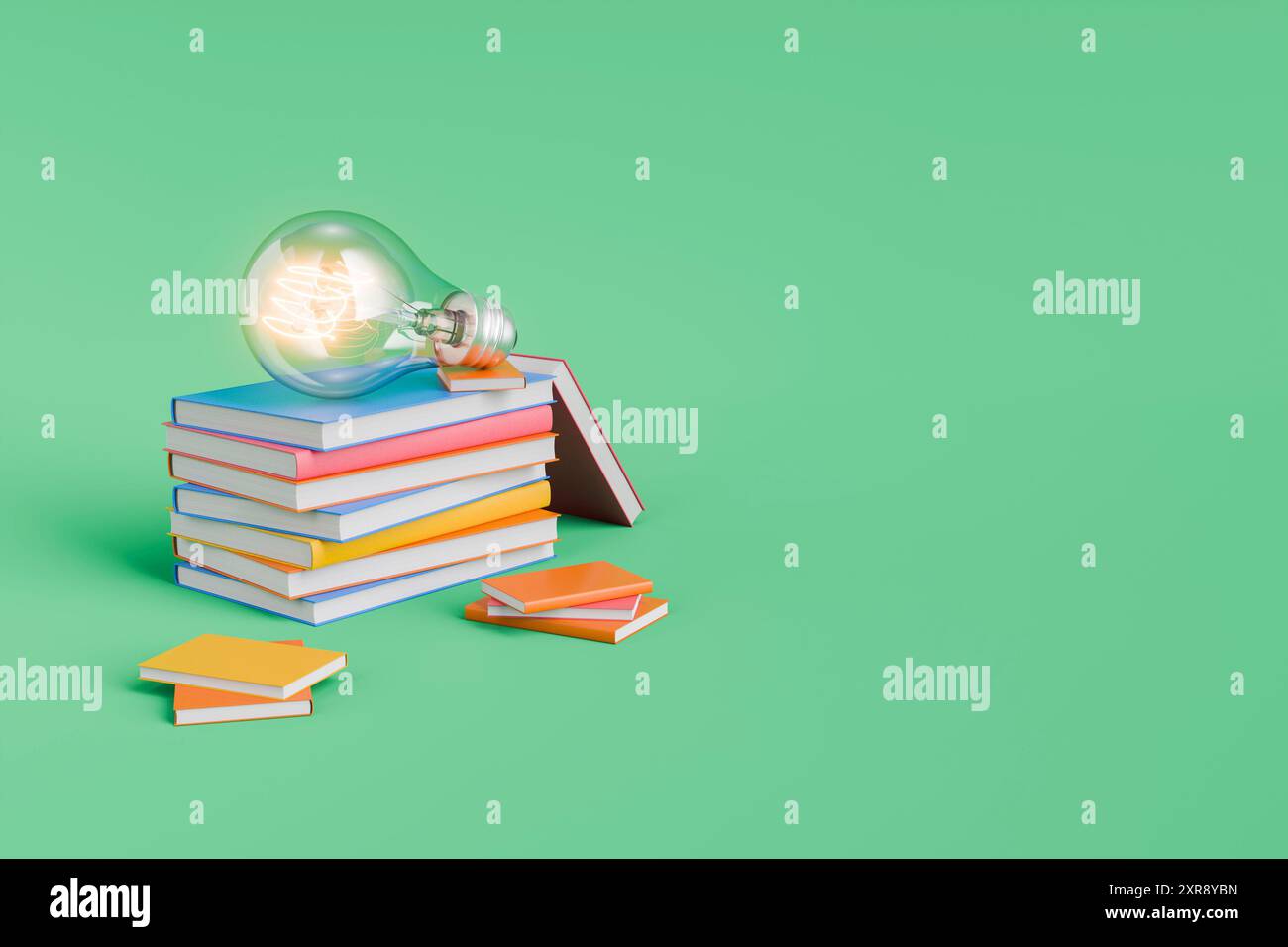 Una lampadina a luce singola si trova su una pila di libri colorati, che rappresentano il potere della conoscenza e dell'istruzione. rendering 3d. Foto Stock