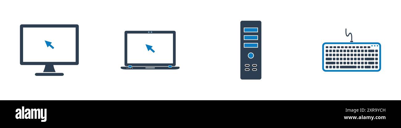 Set di icone del dispositivo computer. Raccolta di icone per PC desktop, laptop, PC, CPU, tastiera e altro ancora. Illustrazione del vettore piatto modificabile. Illustrazione Vettoriale