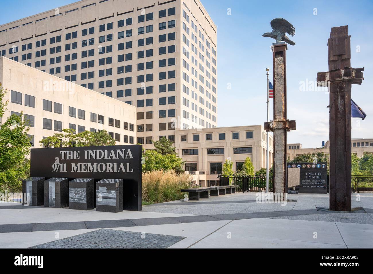 Indianapolis, Indiana - 26 luglio 2024: Veduta del Memoriale dell'11 settembre al Canal Walk nel centro di Indianapolis. Foto Stock