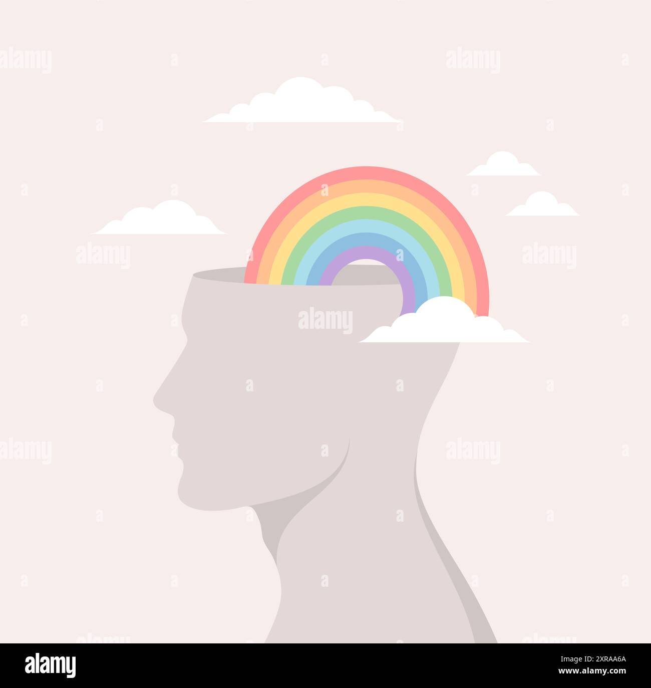 Silhouette laterale maschile con arcobaleno in testa e nuvole intorno. Illustrazione vettoriale piatta Illustrazione Vettoriale