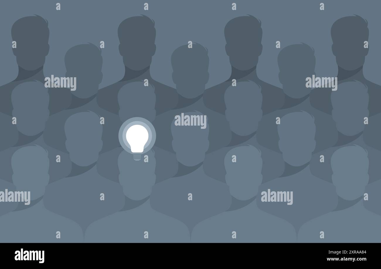 Una folla di persone e una lampadina sopra una di loro. Illustrazione vettoriale piatta Illustrazione Vettoriale Una folla di persone e una lampadina sopra una di loro. Illustrazione vettoriale piatta Illustrazione Vettoriale