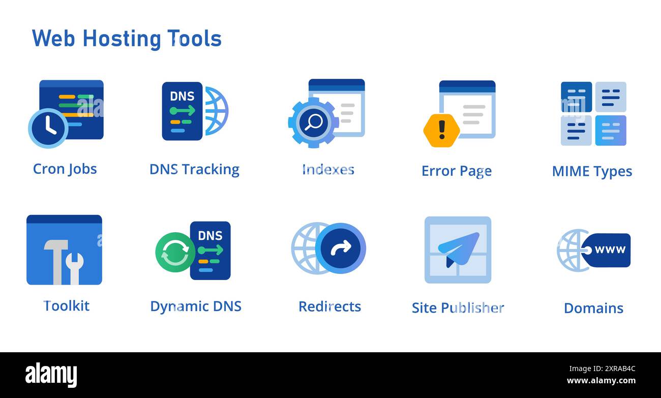 Raccolta di set di icone degli strumenti del server Web per i job cron tipo MIME DNS dinamico strumenti di indice dell'editore del sito e pagine di errore Illustrazione Vettoriale