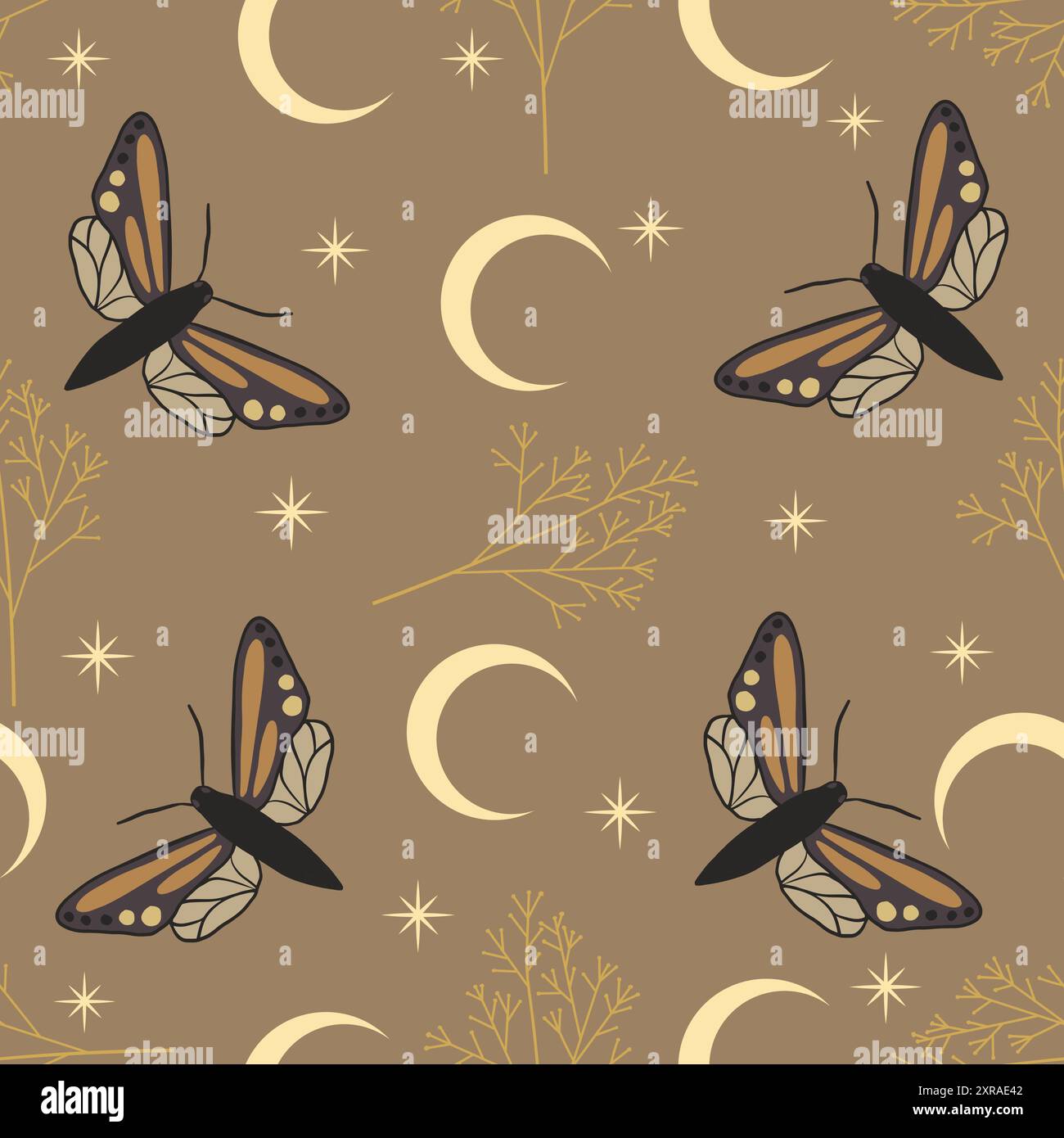 Motivo senza cuciture con farfalle, piante, luna, stelle. Boho clipart celeste mistico. Illustrazione vettoriale. Illustrazione Vettoriale