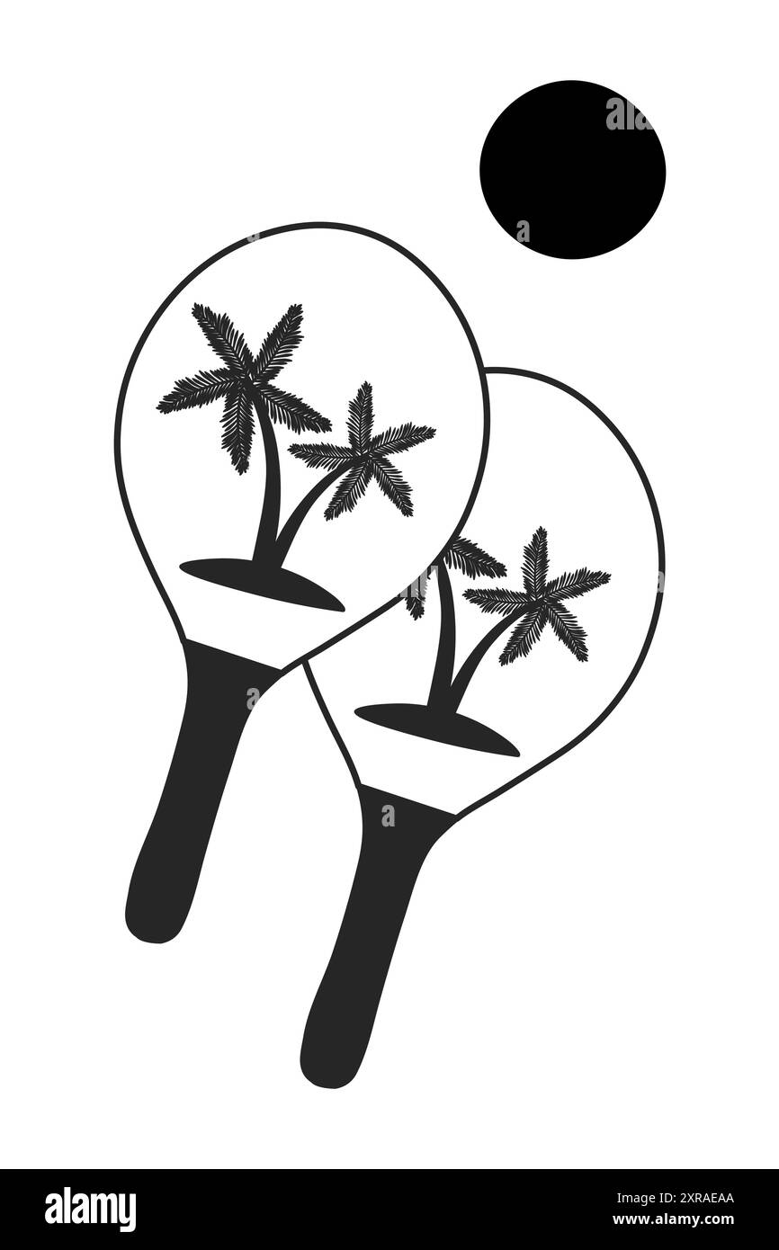 Matkot - gioco popolare in Israele simile al ping-pong. Attività estive all'aperto. Illustrazione vettoriale in bianco e nero. Illustrazione Vettoriale