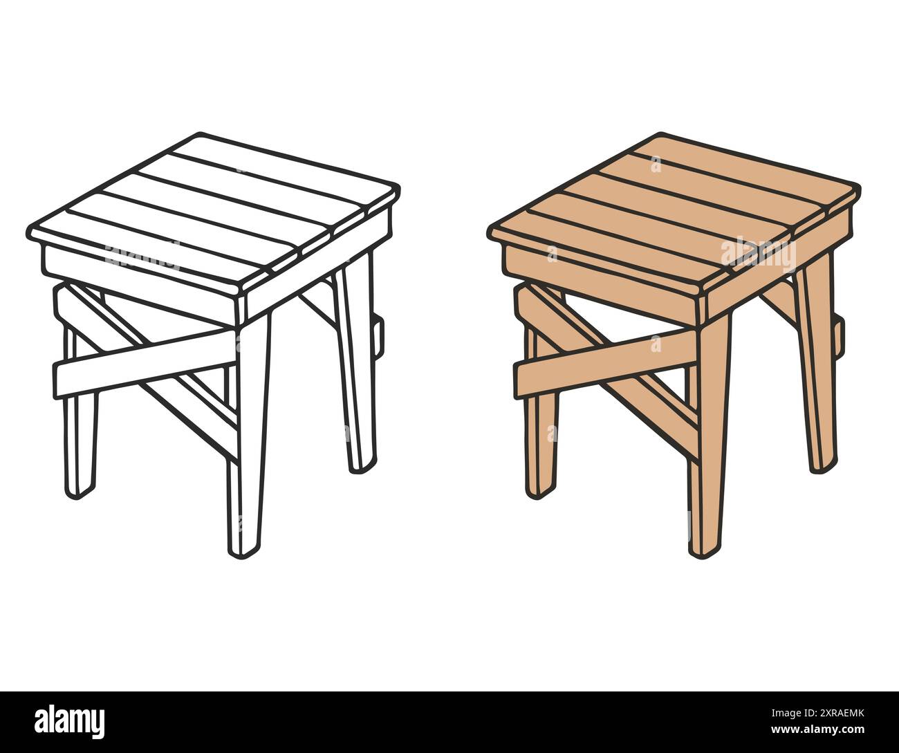 Illustrazione vettoriale dello sgabello in legno. Versioni a colori e monocromatiche. Illustrazione Vettoriale