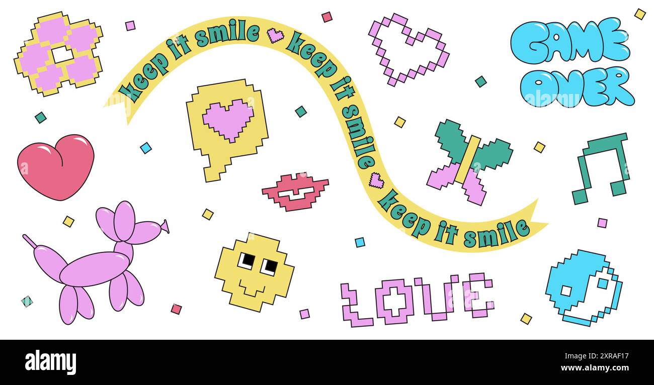 Set di adesivi retro Bubble e Pixel Y2K. adesivi e icone divertenti alla moda degli anni '90. Icone cuore palloncino, cane, testo e 8 bit. Ingenua illustrazione vettoriale Cartoon graffiti, isolata su sfondo bianco. Illustrazione Vettoriale