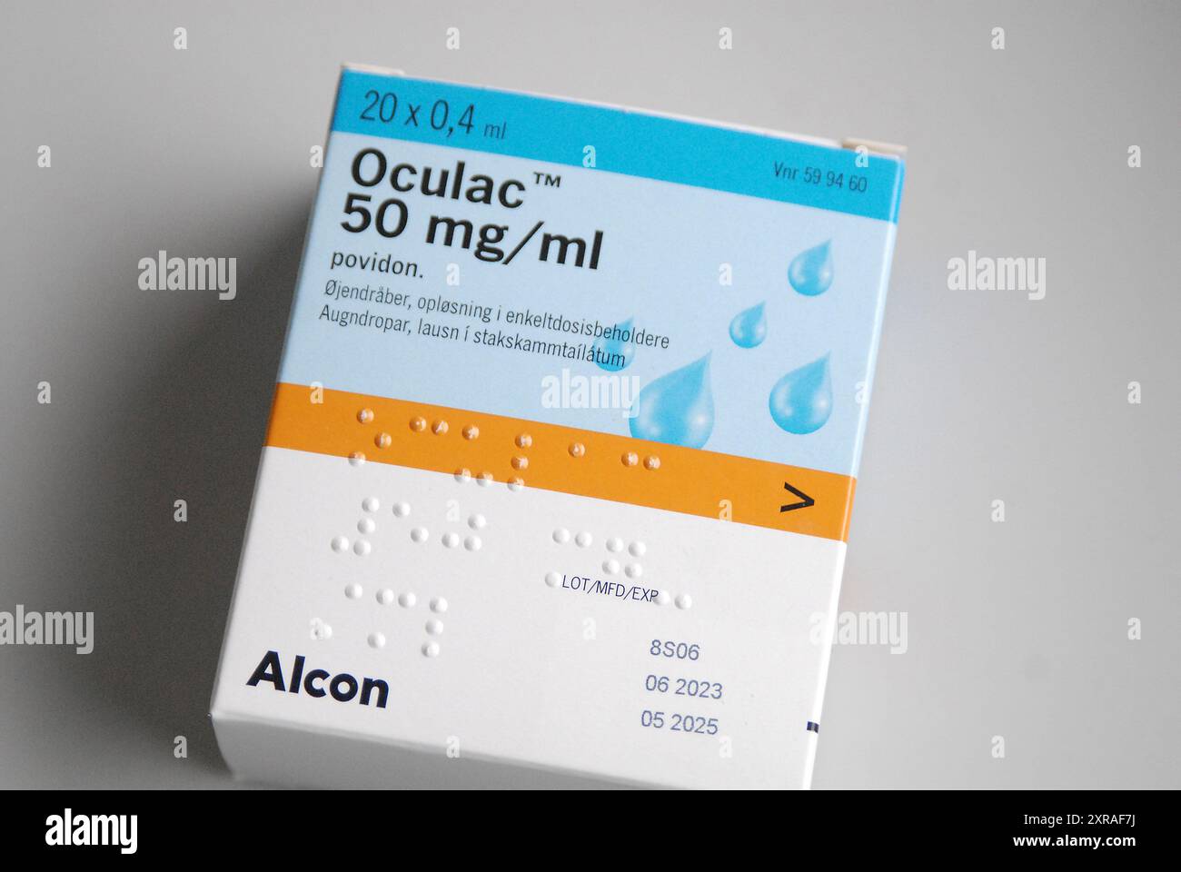 Kastrup/Copenhagen/ Denmark/09 August 2024/Alcon oculac 50 mg/ml di medicinale per gocce oculari in Kastrup amager Copenhagen. (Foto. Francis Joseph Dean/Dean Pictures) (non per uso commerciale) Foto Stock