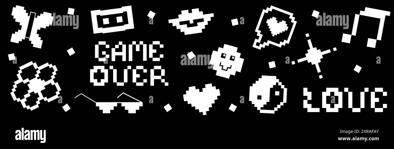 Pacco adesivi retro pixel Y2K. adesivi e icone divertenti alla moda degli anni '90. illustrazione vettoriale estetica a 8 bit. Forma geometrica semplice, sorriso, labbra, farfalla. Distintivo bianco e nero isolato su nero. Illustrazione Vettoriale