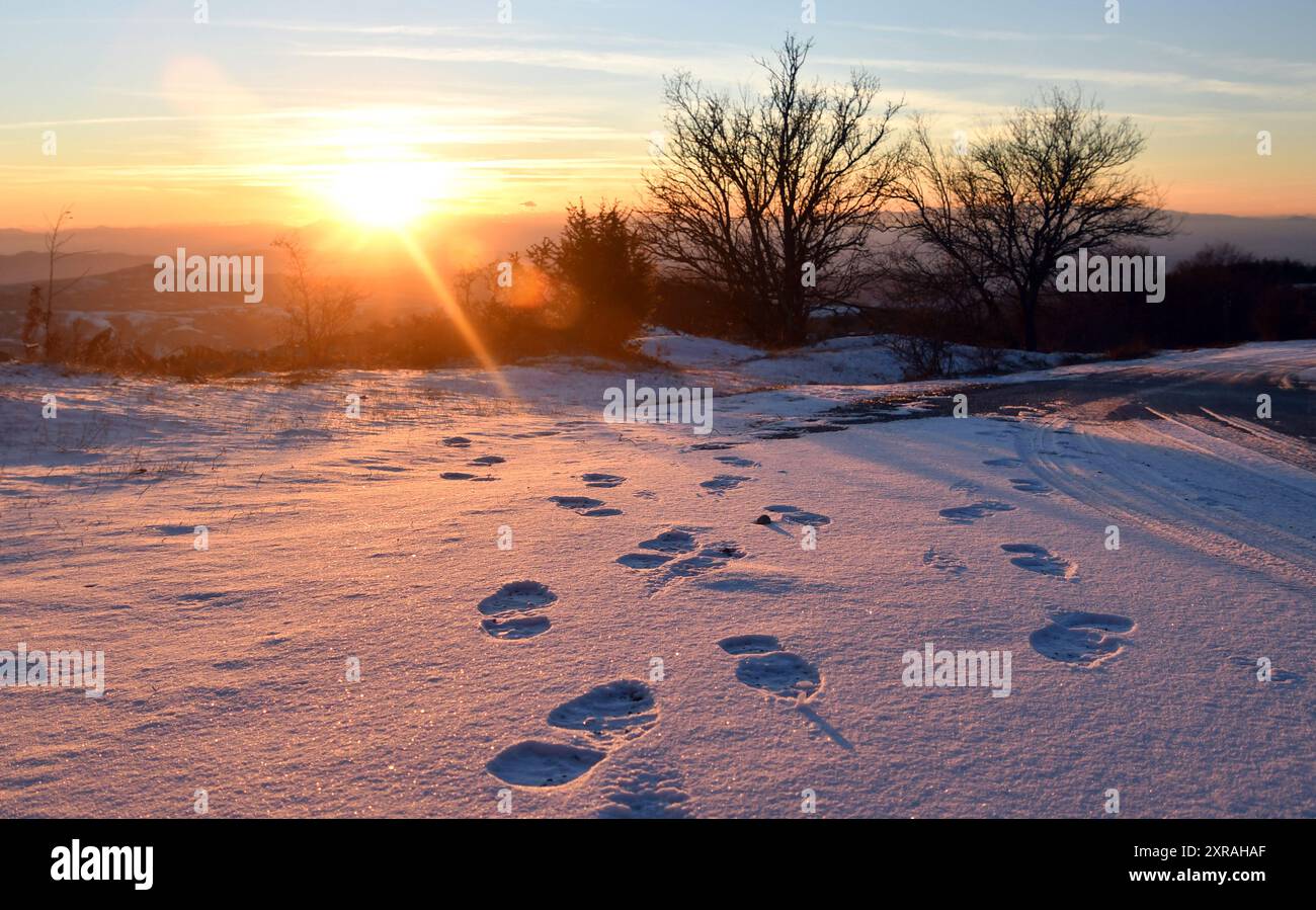 Gradini sulla superficie innevata al tramonto: Impronte sul terreno che portano al Sole - montagna alta. Da qualche parte in Macedonia. Foto Stock