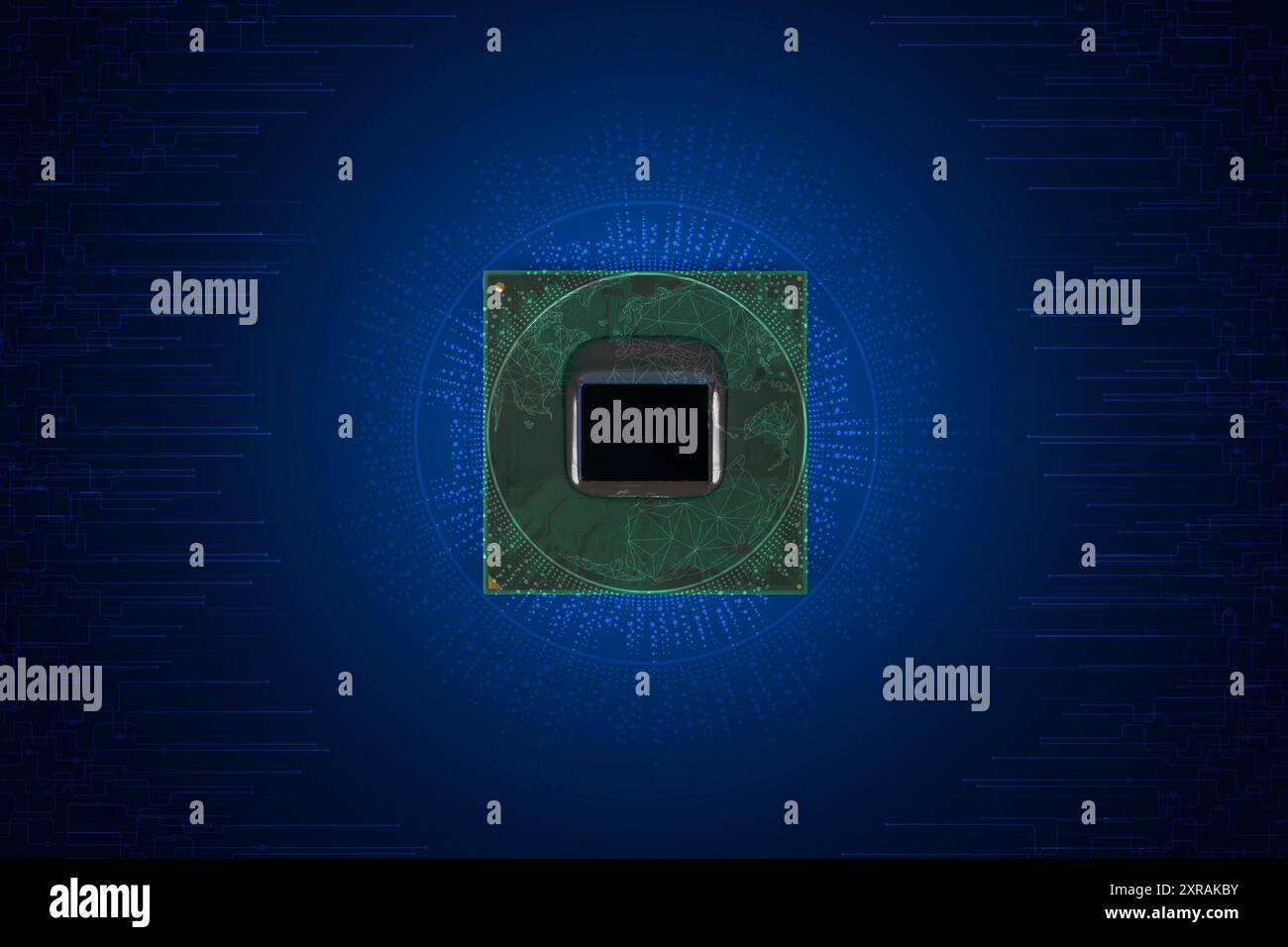 Advanced Technology Concept Visualization: Processore CPU a circuito stampato Microchip che avvia la digitalizzazione dell'intelligenza artificiale delle reti neurali Foto Stock