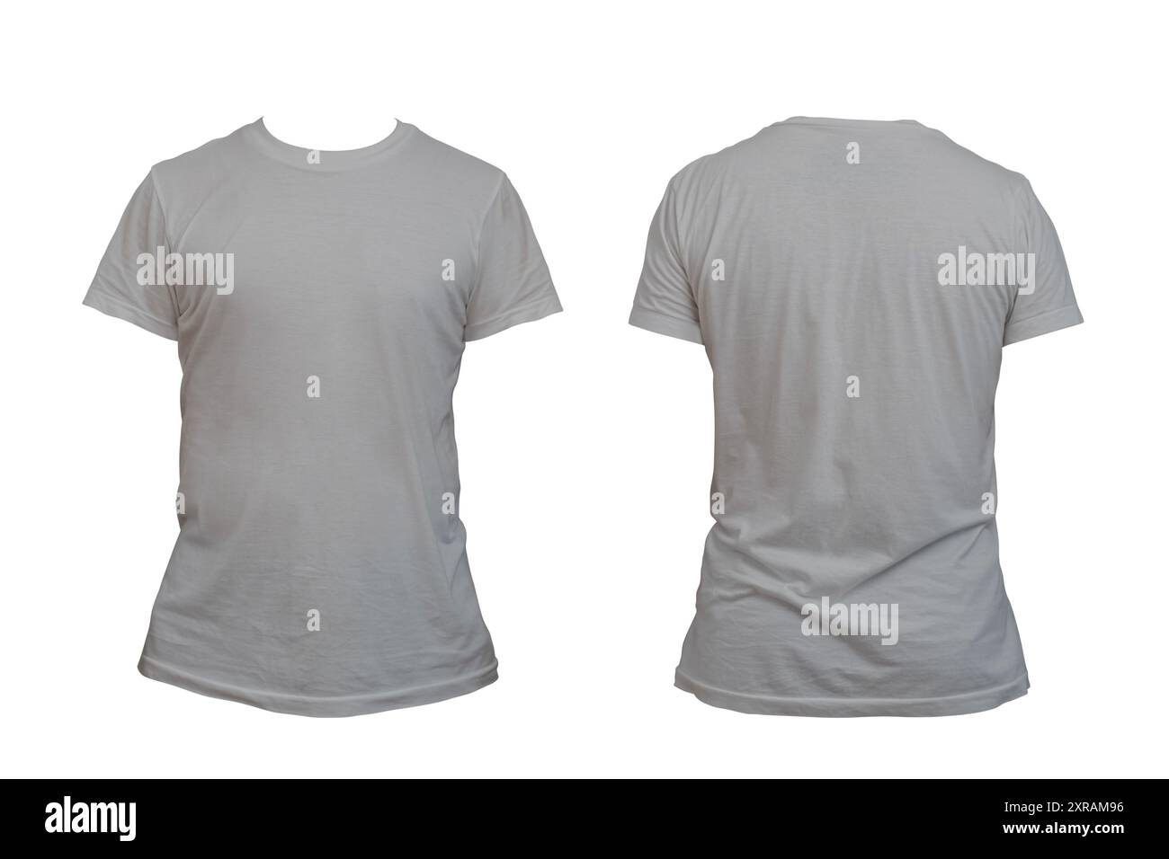 Modello t-shirt grigio vuoto da uomo, da due lati, forma naturale su manichino invisibile, per il mockup del tuo disegno per la stampa, isolato su bianco B. Foto Stock