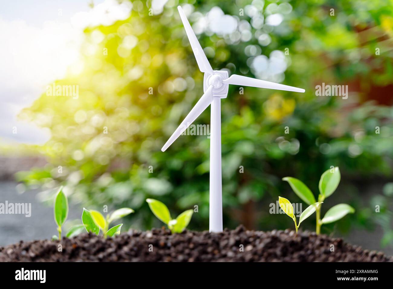 I Sapling stanno crescendo dal suolo con un parco eolico su sfondo blu. Energia energia elettrica pulita energia rinnovabile concetto di energia rinnovabile. Foto Stock