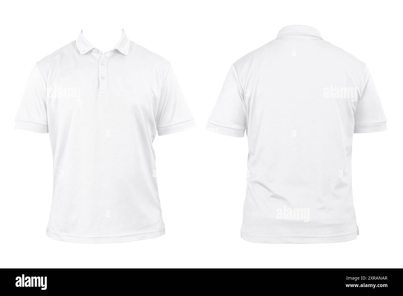 Modello di mockup con collo a camicia vuoto, vista frontale e posteriore, bianco isolato, t-shirt semplice. Mockup. Polo stampabile per la presentazione del design, percorso di ritaglio. Foto Stock
