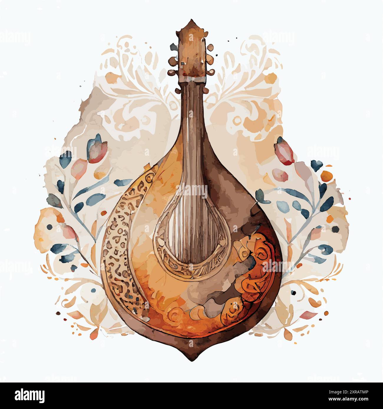 illustrazione ornamentale ad acquerello di oud (strumento musicale mediorientale) Illustrazione Vettoriale