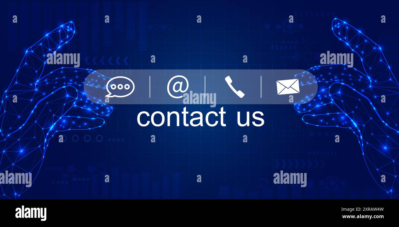 Contattaci o contatta il servizio di assistenza clienti. Uomo d'affari che utilizza un laptop e tocca le icone dei contatti sullo schermo virtuale ( e-mail, indirizzo, live Foto Stock