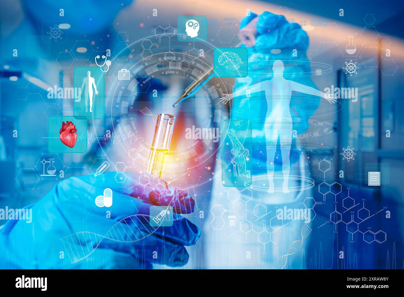 Ricerca genetica e scienze biotecnologiche biologia umana e tecnologia farmaceutica in laboratorio. Gli scienziati usano li colorati Foto Stock