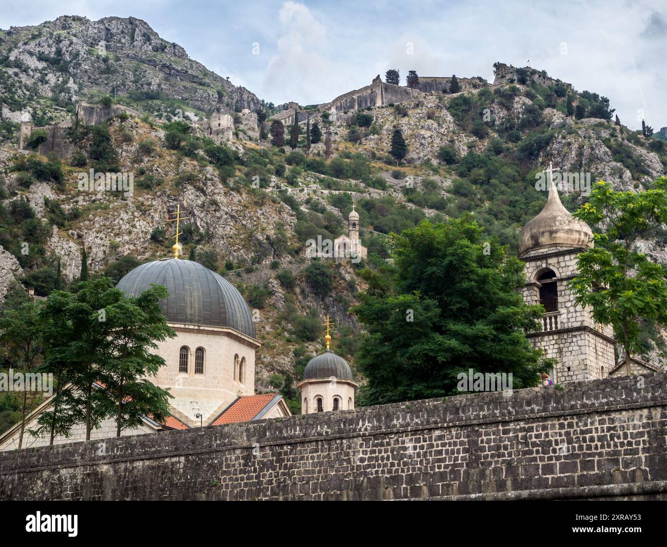 Chiesa di San Nicola e Chiesa di Santa chiara dall'esterno delle Mura cittadine, Cattaro Montenegro. La Chiesa di nostra Signora della Risurrezione sullo sfondo. Foto Stock