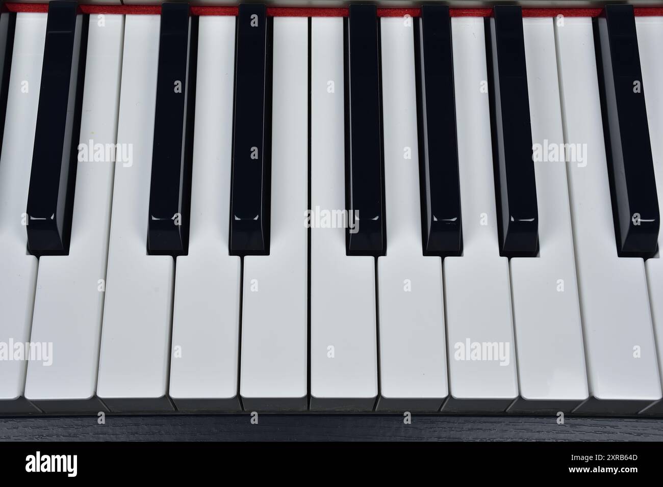 Vista dall'alto della tastiera piano. Strumento musicale. Tasti per pianoforte in bianco e nero. Un'ottava. Foto Stock