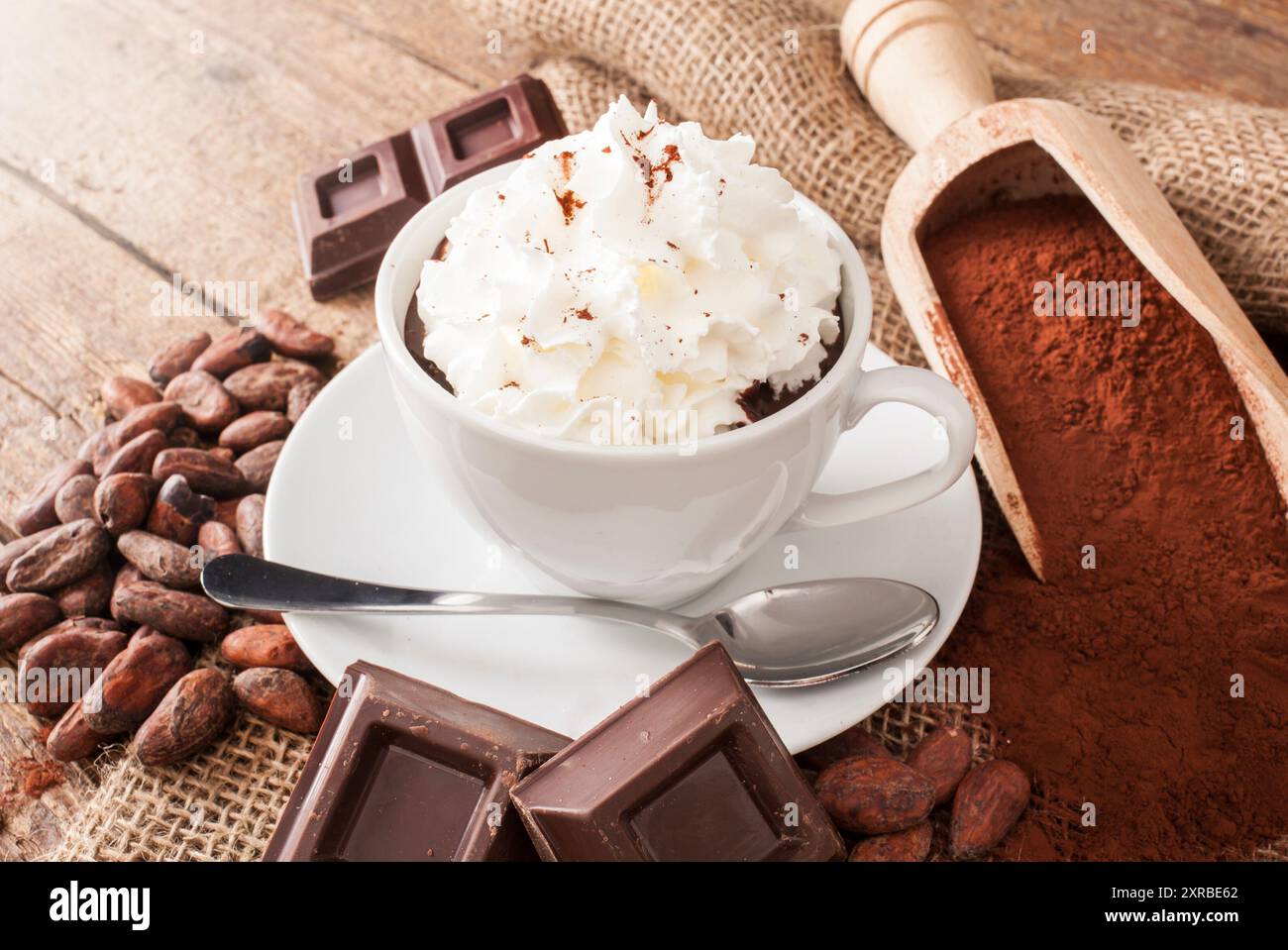 Tazza di cioccolata calda con panna montata, cacao in polvere, le fave di cacao e pezzi di cioccolato. Foto Stock