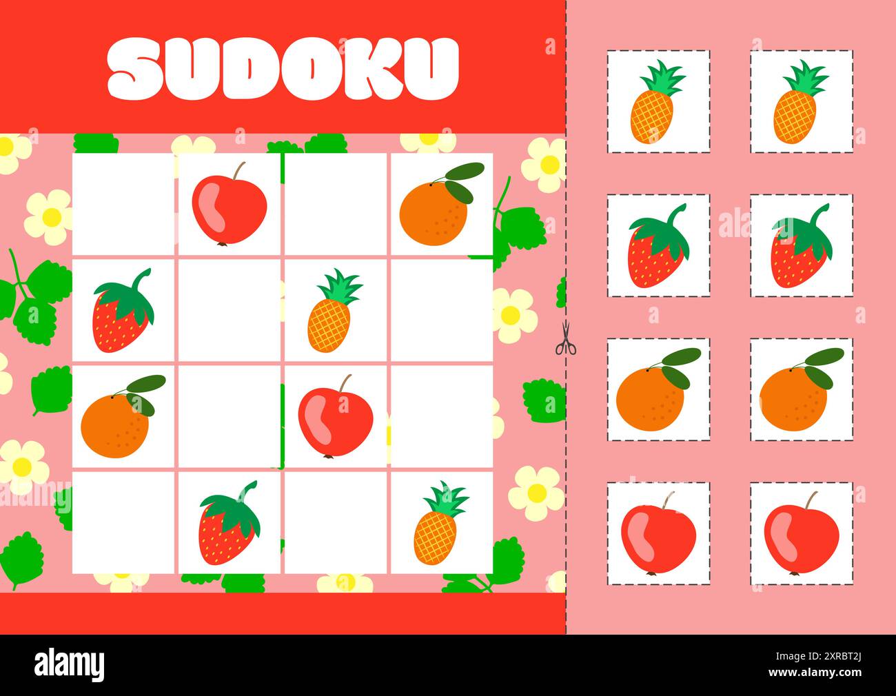 Sudoku con immagini di fragole, ananas, arancia e mela. Puzzle di logica per bambini Illustrazione Vettoriale