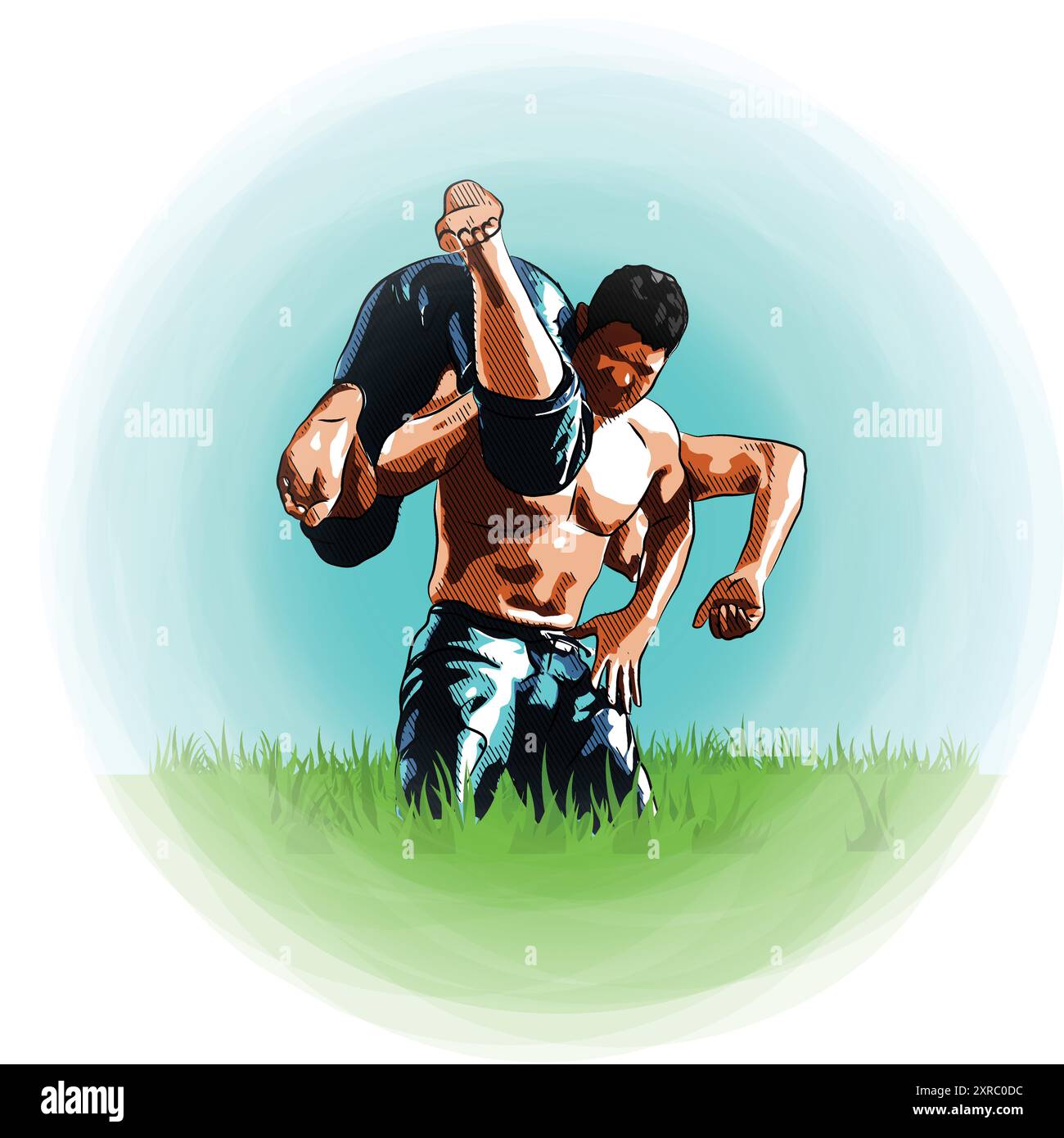 L'illustrazione vettoriale della tradizionale lotta turca contro l'olio. Due lottatori lottano sull'erba. Illustrazione Vettoriale