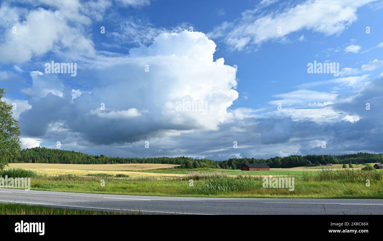 Un pittoresco paesaggio rurale caratterizzato da ampi campi sotto un cielo spettacolare pieno di grandi e soffici nuvole. Una strada attraversa il primo piano, wi Foto Stock