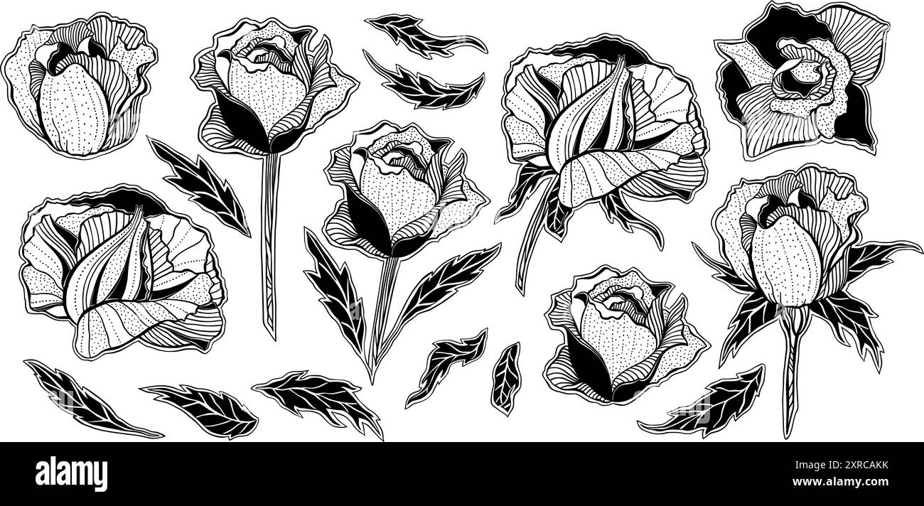 Collezione di fiori di rosa stilizzati fantasia in bianco e nero, set di design per tatuaggi, stampe d'arte meditative Inky, pacchetto di elementi decorativi vettoriali Illustrazione Vettoriale
