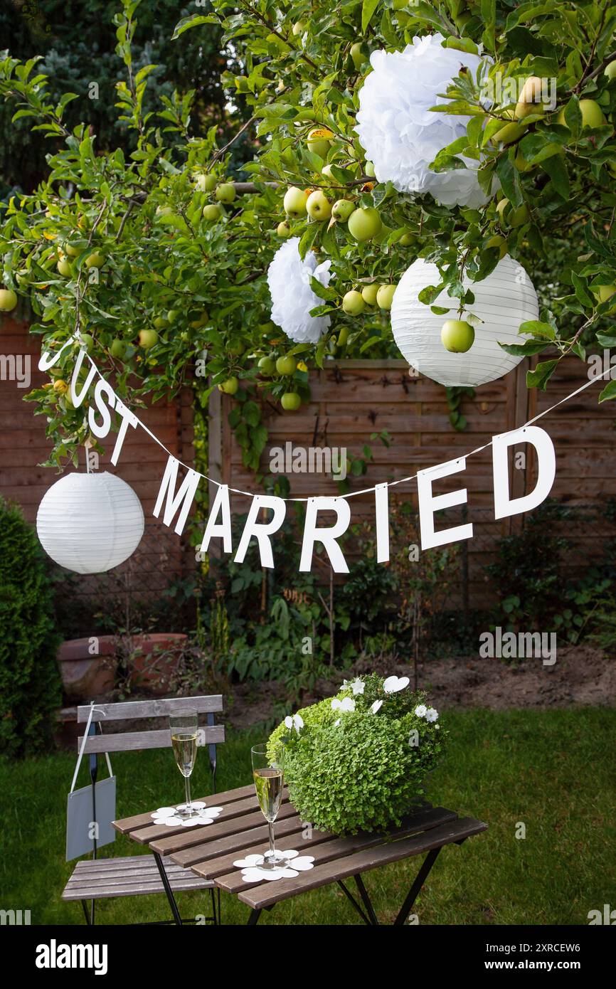 Una ghirlanda con lettere bianche e l'iscrizione appena sposata è appesa su un melo con mele verdi e lanterne bianche in un giardino, preparazioni e decorazioni per un matrimonio estivo in giardino Foto Stock