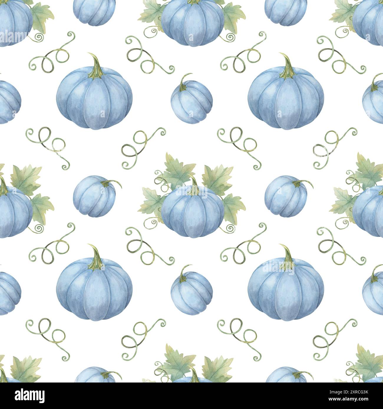 Motivo acquerello senza cuciture con zucche blu e foglie verdi. Sfondo accogliente, ideale per creare tovaglie, inviti alle feste, confezioni regalo e decorazioni per la casa di stagione Foto Stock