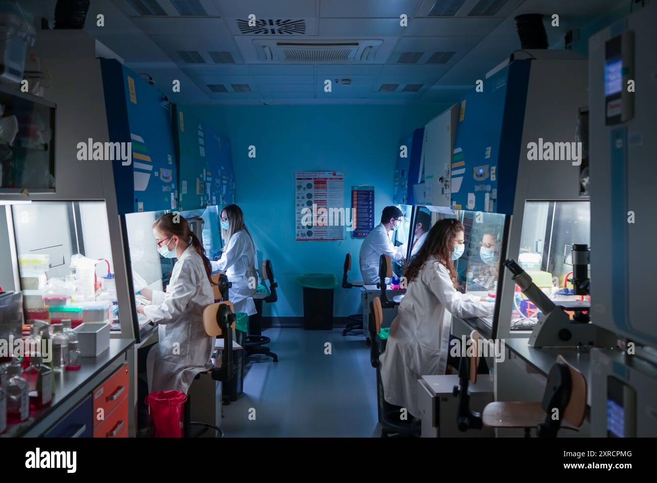 Torino, Italia - 19 ottobre 2021: Giovani ricercatori al lavoro in un laboratorio oncologico dedicato alla ricerca scientifica Foto Stock