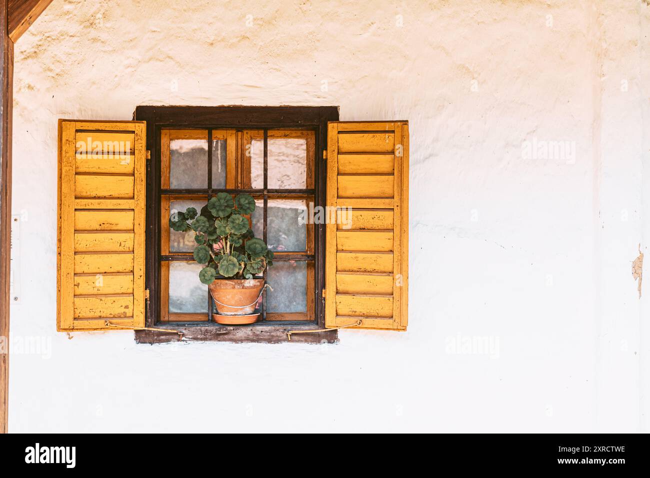 Vecchia finestra con cornici in legno, persiane e fiori. Frammento della facciata di un vecchio edificio. Foto Stock