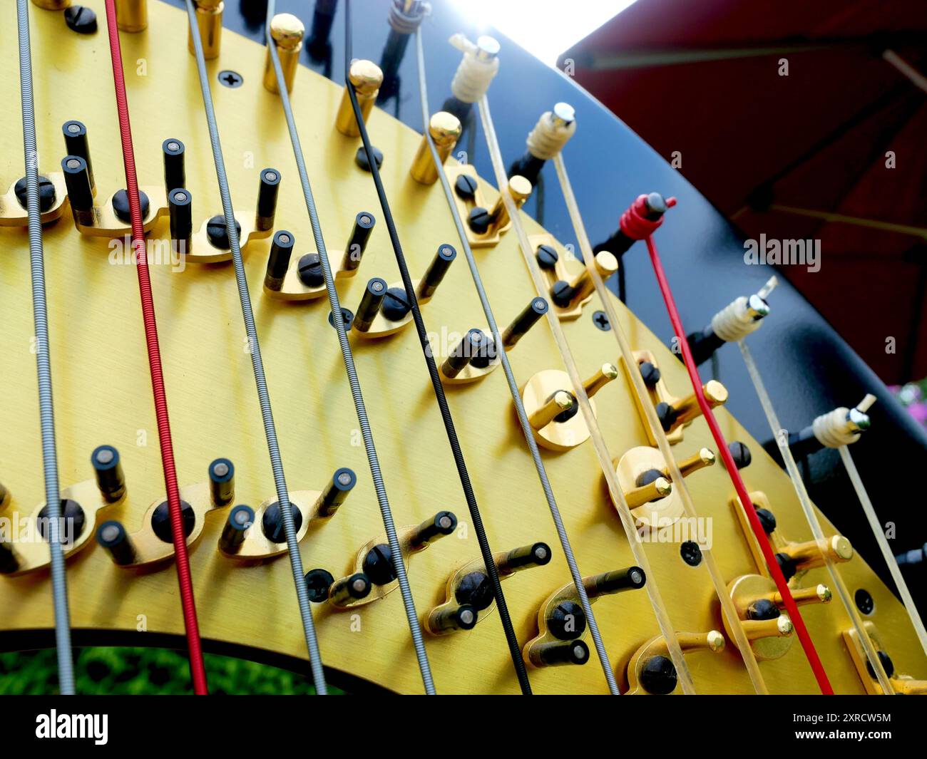 Primo piano dell'arpa superiore con perni di regolazione e leve. Ideale per gli appassionati di musica, il tempo libero, la cultura, la sensualità o come sfondo. Foto Stock