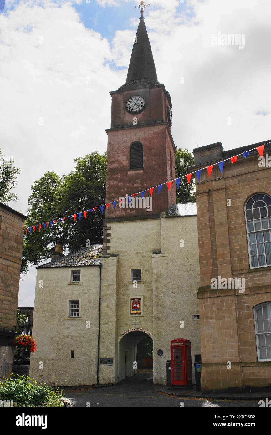 Torre dell'orologio di Jedburgh nella città degli Scottish Borders, Scozia, Regno Unito Foto Stock