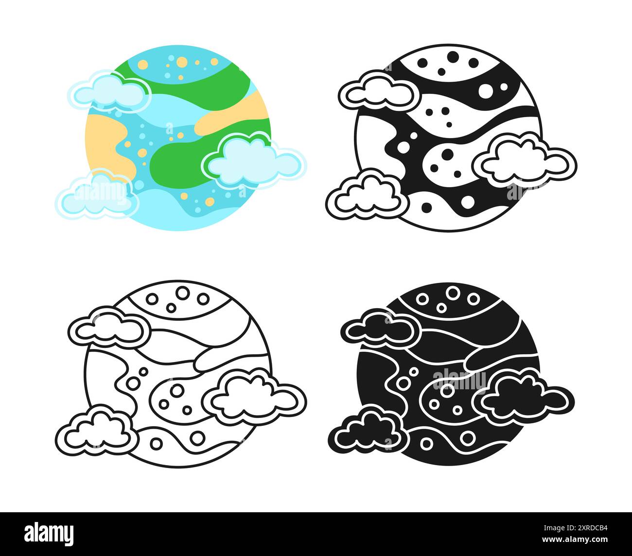 Set di cartoni animati simbolo Terra-pianeta. Semplice icona del pianeta del sistema solare Doodle. Pianeta Terra lineare astratto infantile. Firma la forma grafica della sfera spaziale globale per l'infografica e l'app del sito Web. Illustrazione vettoriale Illustrazione Vettoriale