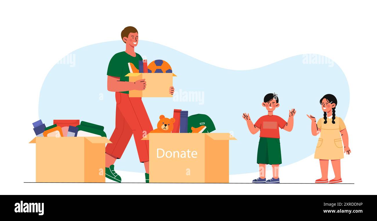 Dona per i bambini. L'uomo dà una scatola di giocattoli e vestiti a ragazzo e ragazza. Carità, generosità e gentilezza. Volontario di fondazione caritatevole. Vettore piatto Illustrazione Vettoriale