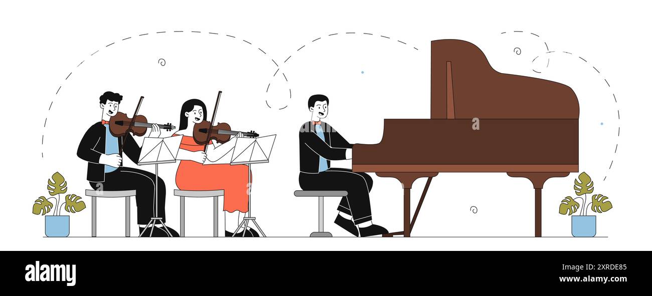 Musicisti che si esibiscono sul palco. Uomo con pianoforte e donne con violini si esibiscono sul palco. Concerto di musica classica. Orchestra alla Filarmonica. Lineare Illustrazione Vettoriale