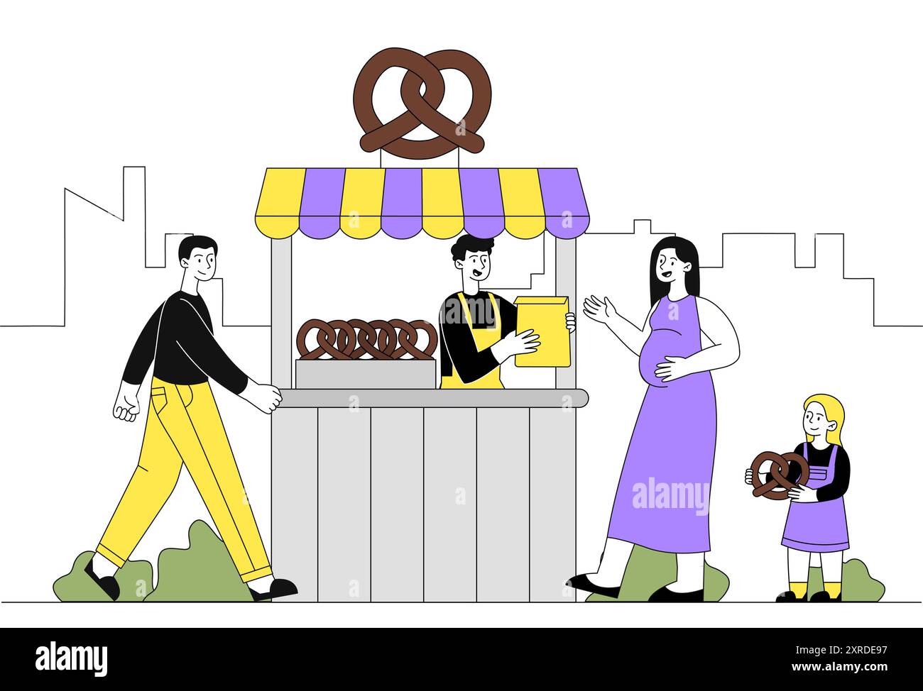 La gente compra i pretzel. L'uomo vende prodotti da forno e dolci a una donna incinta e a sua figlia. Venditori di cibo di strada e negozio locale. Vettore lineare Illustrazione Vettoriale