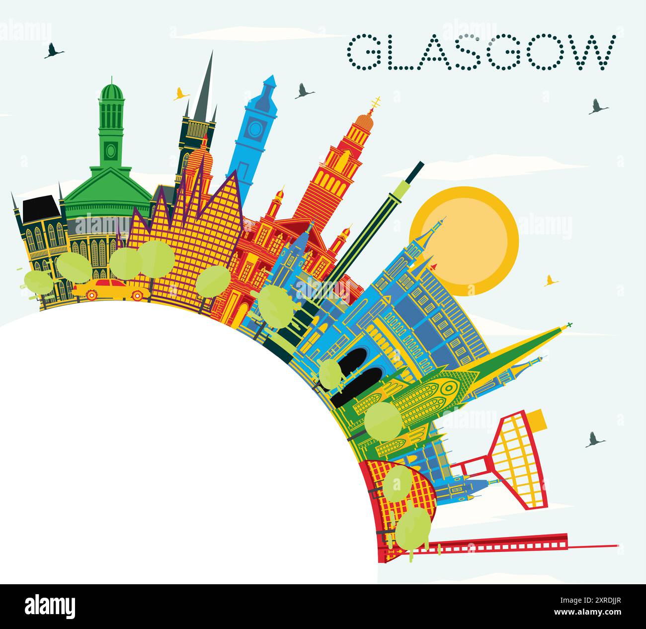 Skyline di Glasgow, Scozia, con edifici colorati, cielo blu e spazio copia. Illustrazione vettoriale. Illustrazione Vettoriale