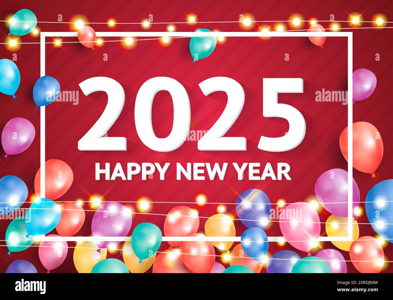 Felice anno nuovo 2025. Moderno biglietto d'auguri con palloncini gonfiabili e ghirlande al neon. Luci calde. Poster e banner per le vacanze. Illustrazione vettoriale. Illustrazione Vettoriale