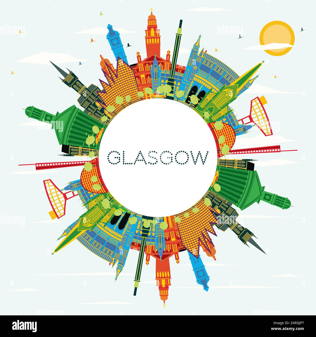 Skyline di Glasgow, Scozia, con edifici colorati, cielo blu e spazio copia. Illustrazione vettoriale. Concetto di viaggi d'affari e turismo. Illustrazione Vettoriale