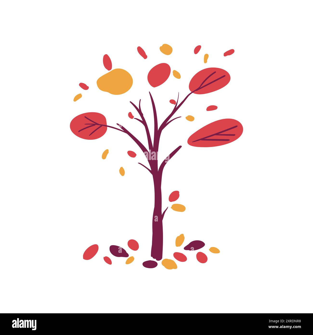 Albero popolare disegnato a mano con foglie autunnali in rosso e giallo. Illustrazione vettoriale piatta. Stile semplice. Illustrazione Vettoriale