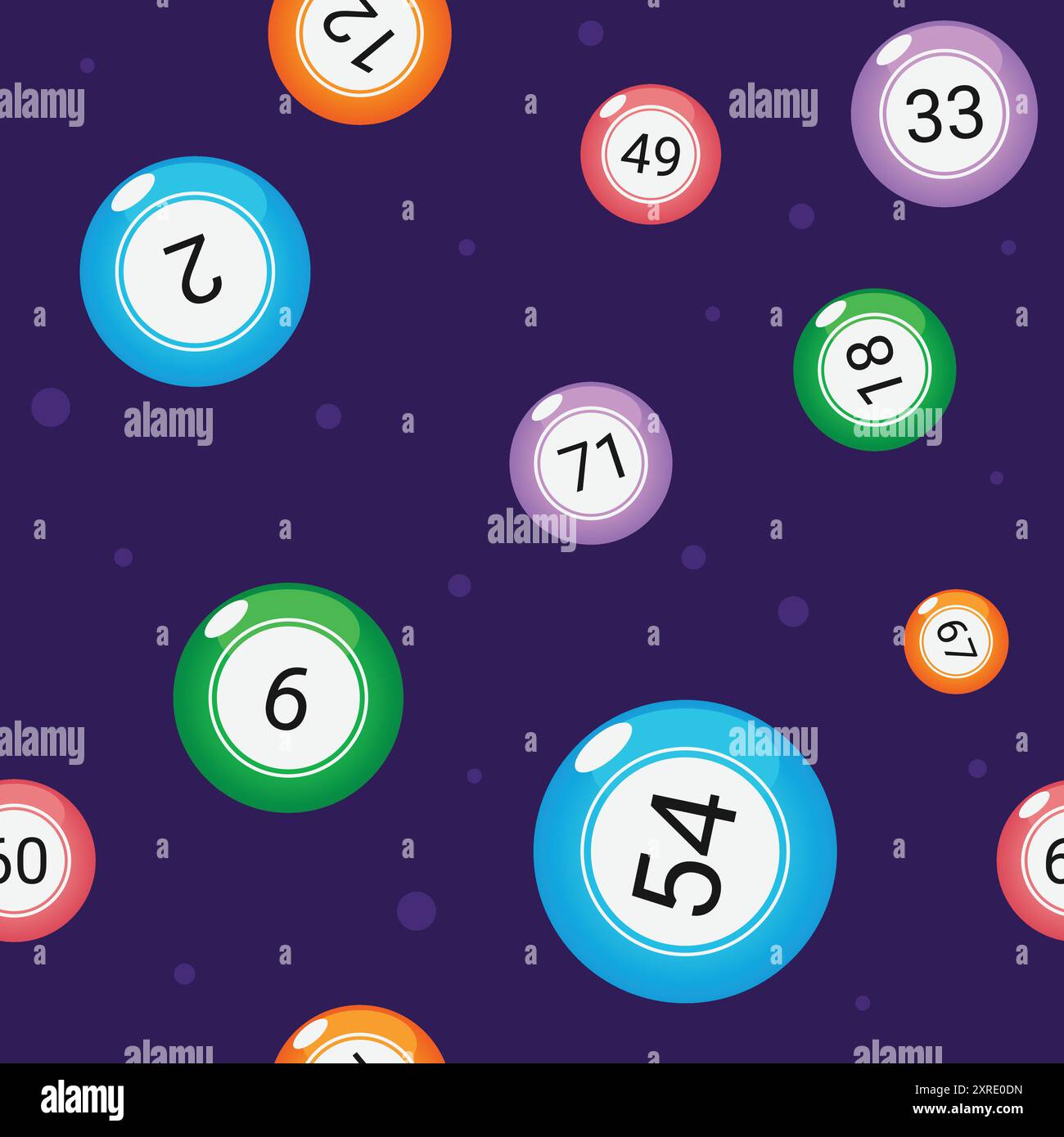 Divertente schema bingo con palline numeriche multicolore su sfondo viola scuro. Ornamento vettoriale senza cuciture per striscioni, poster, pacchetti, copertine. Illustrazione Vettoriale