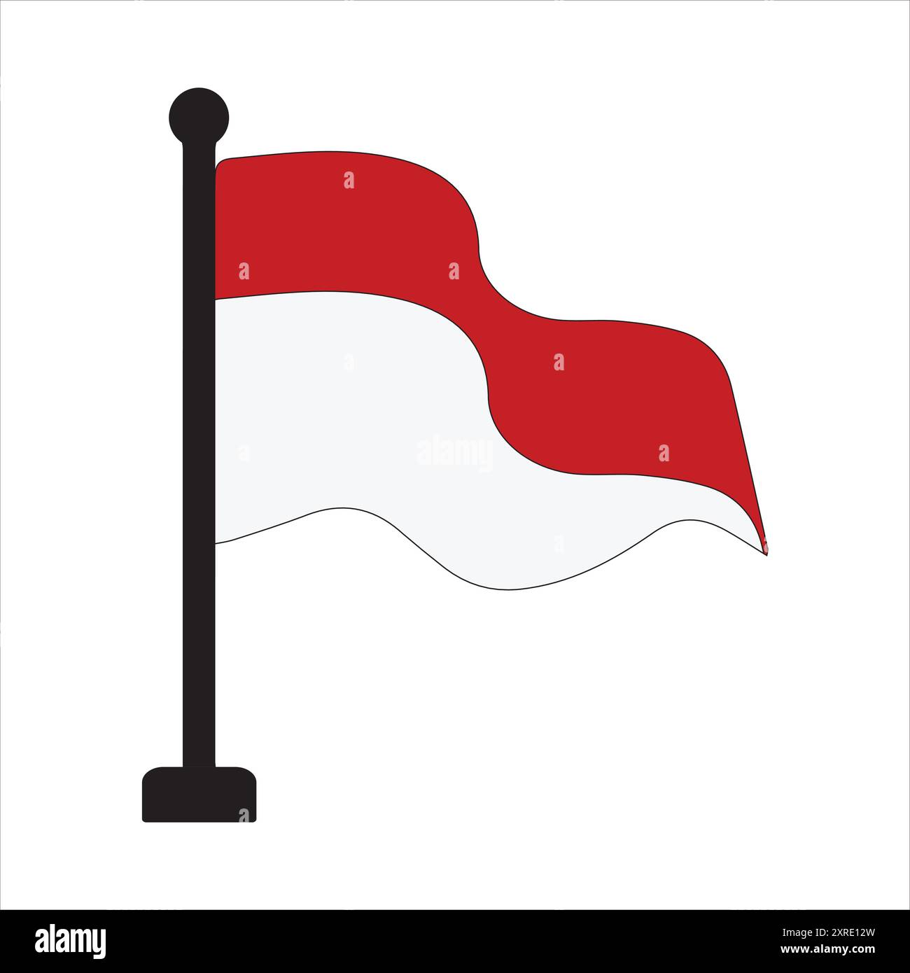 Bandiera indonesiana con palo, illustrazione della bandiera indonesiana che sventola, con i colori rosso e bianco su un palo nero. Illustrazione Vettoriale