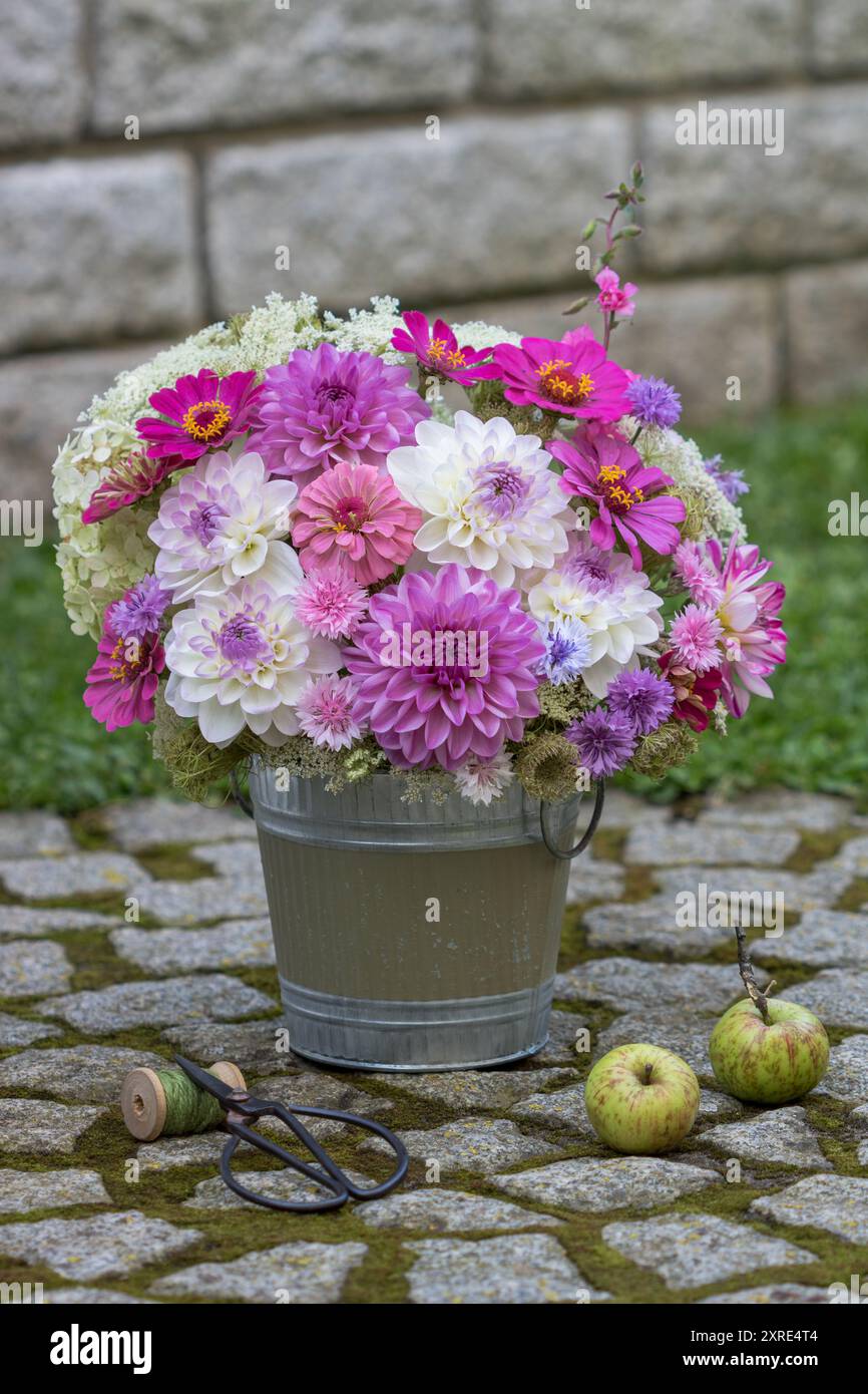 bouquet romantico con dahlias viola e bianche, zinnie, garofani e carote selvatiche in un vaso di fiori vintage in giardino Foto Stock