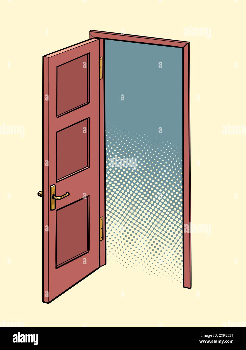 Design minimalista per la casa. Entrare in un futuro sconosciuto e spaventoso. Porta aperta con sfondo semplice vuoto. Illustrazione del vettore retro Art pop Illustrazione Vettoriale