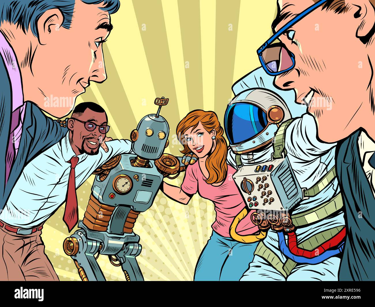 Molti lavoratori di diverse professioni si abbracciano insieme. Un'organizzazione collettiva amichevole per il futuro dell'umanità. Cooperazione tra settori diversi Illustrazione Vettoriale