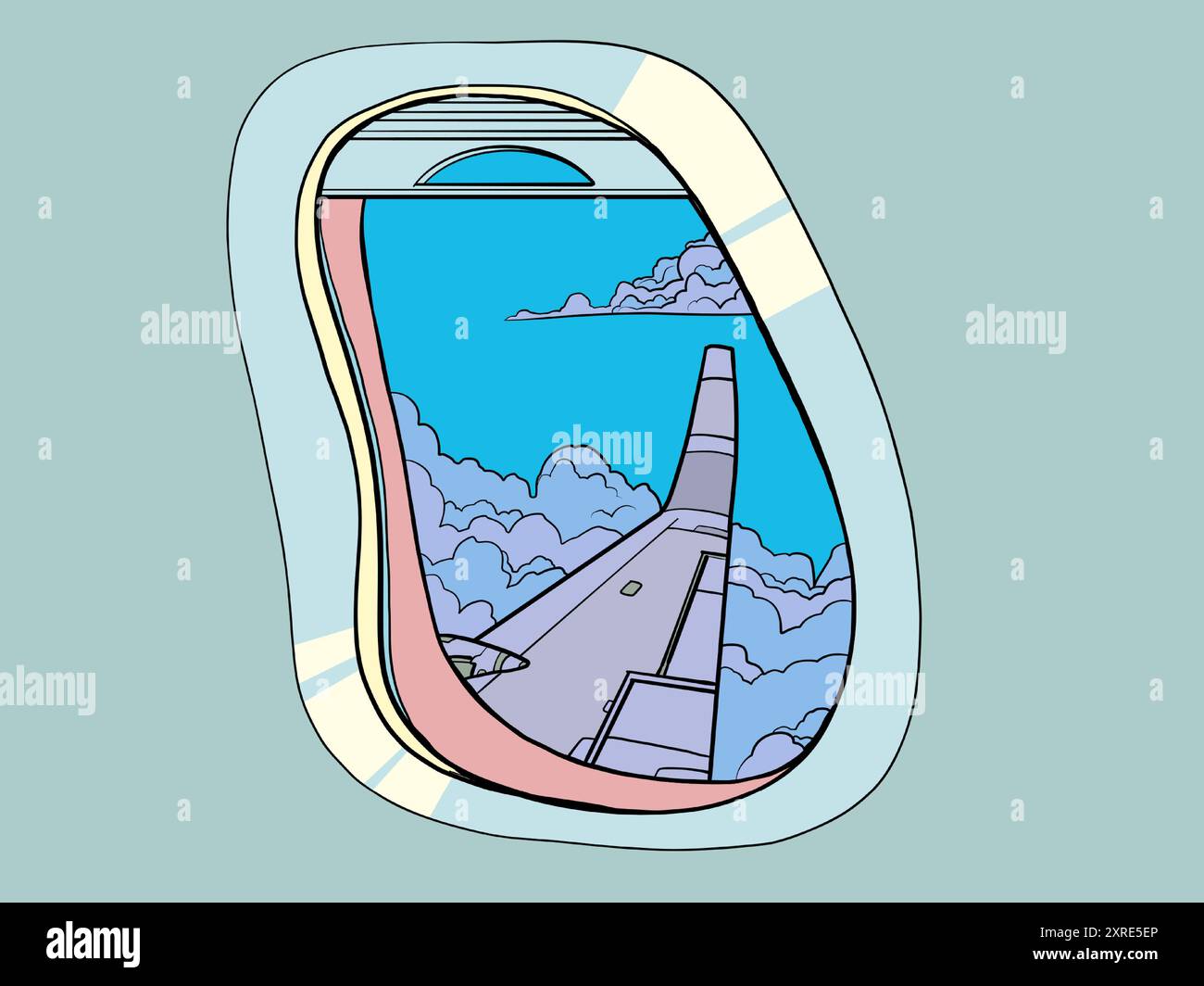 Vista dalla finestra dell'ala di un aereo e delle nuvole. Organizzare un viaggio in un altro paese. Voli sicuri, veloci e di alta qualità nel cielo. RET. Pop Art Illustrazione Vettoriale