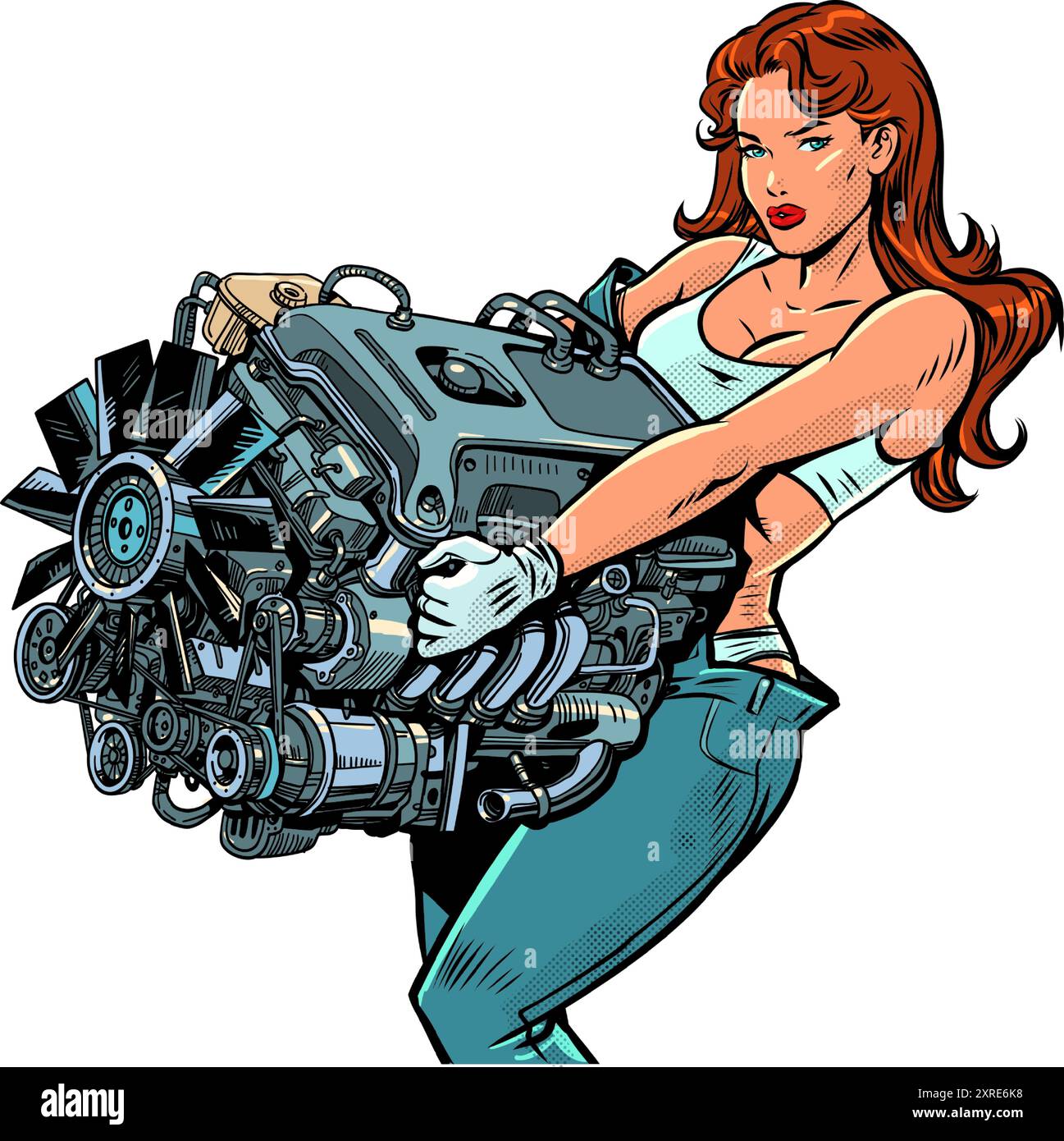 Una donna con un motore per auto. Promozioni speciali per i conducenti. Manutenzione obbligatoria del veicolo. Pop Art retro Vector Illustration Kitsch Vintage anni '50 anni '60 Sty Illustrazione Vettoriale
