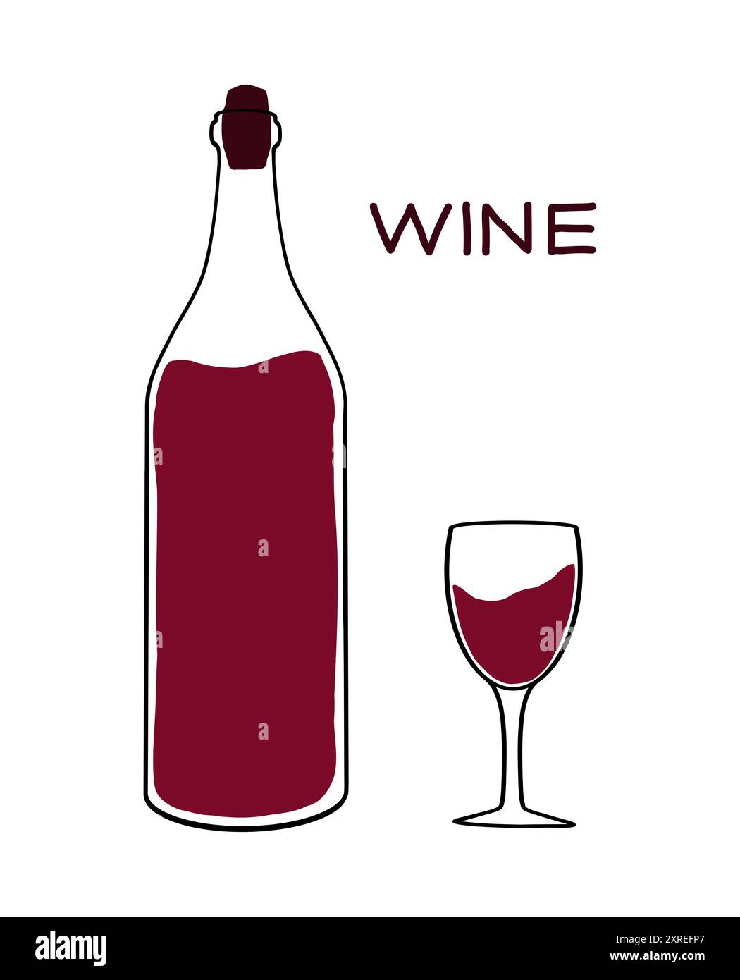 Una bottiglia di vino rosso accanto a un bicchiere pieno di vino su uno sfondo minimalista Illustrazione Vettoriale