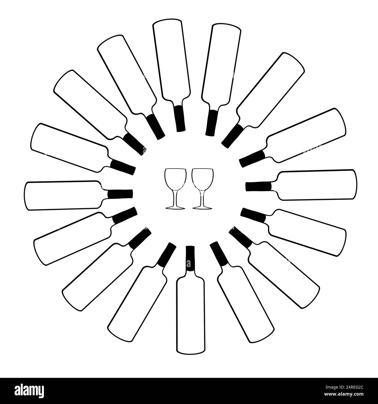 Disposizione delle bottiglie con luce solare e bicchieri da vino con motivo circolare Illustrazione Vettoriale